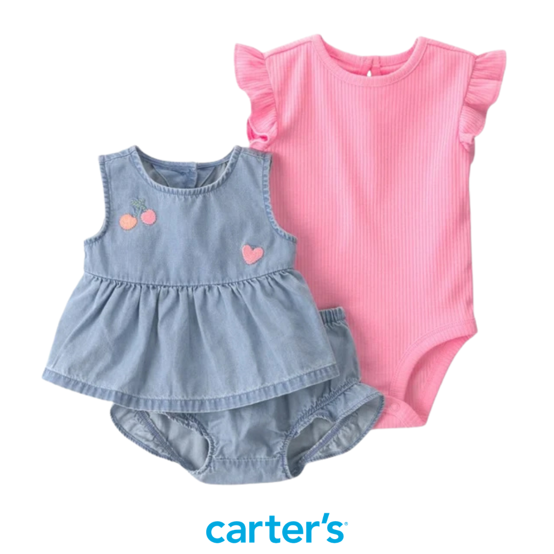 Conjunto Chambray con Body Rosado de Flecos