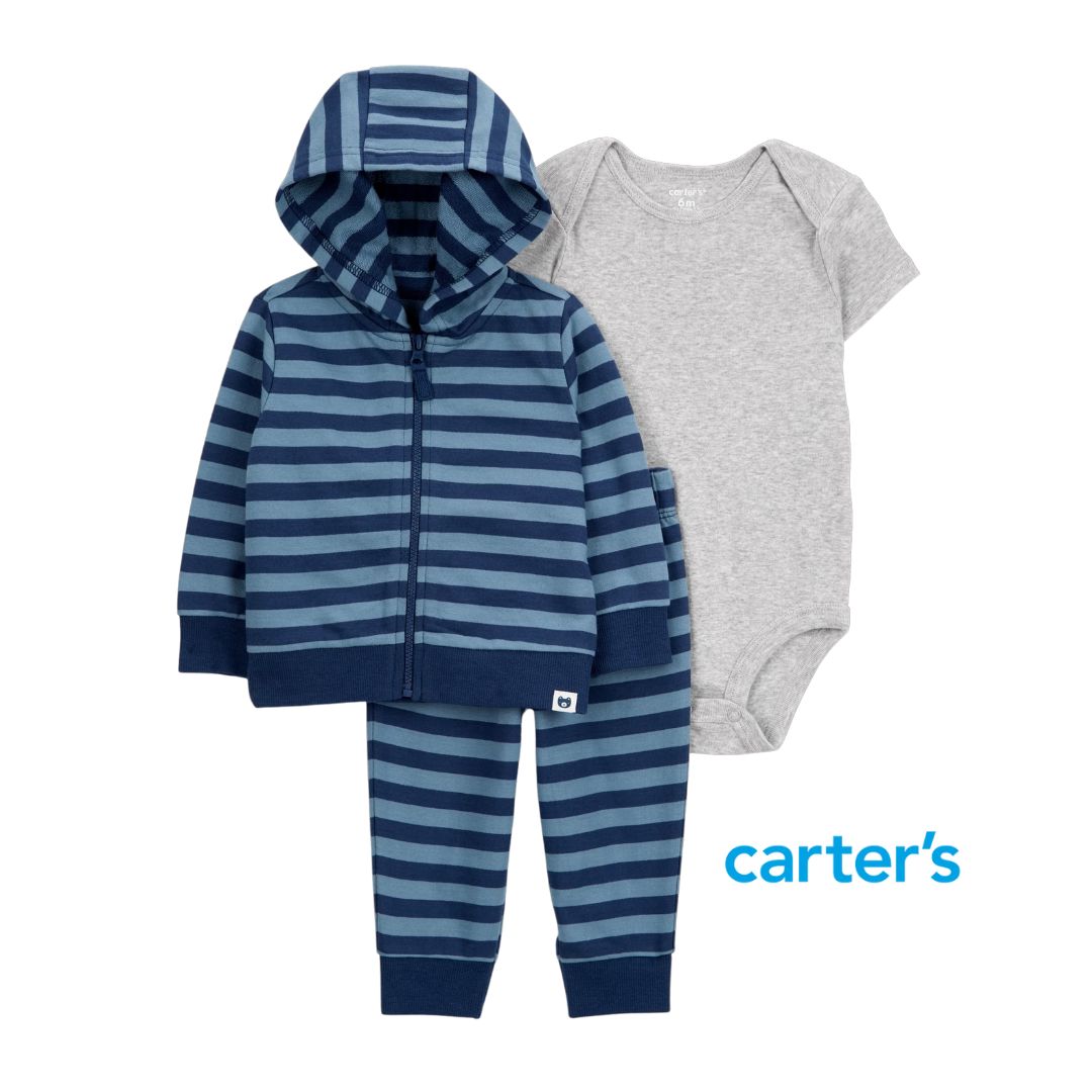 Conjunto 3 Piezas Sweater de Rayas con Capucha, Body y Mono