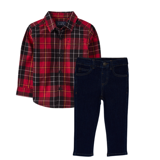 Camisa de Cuadros Rojos con Jean Oscuro