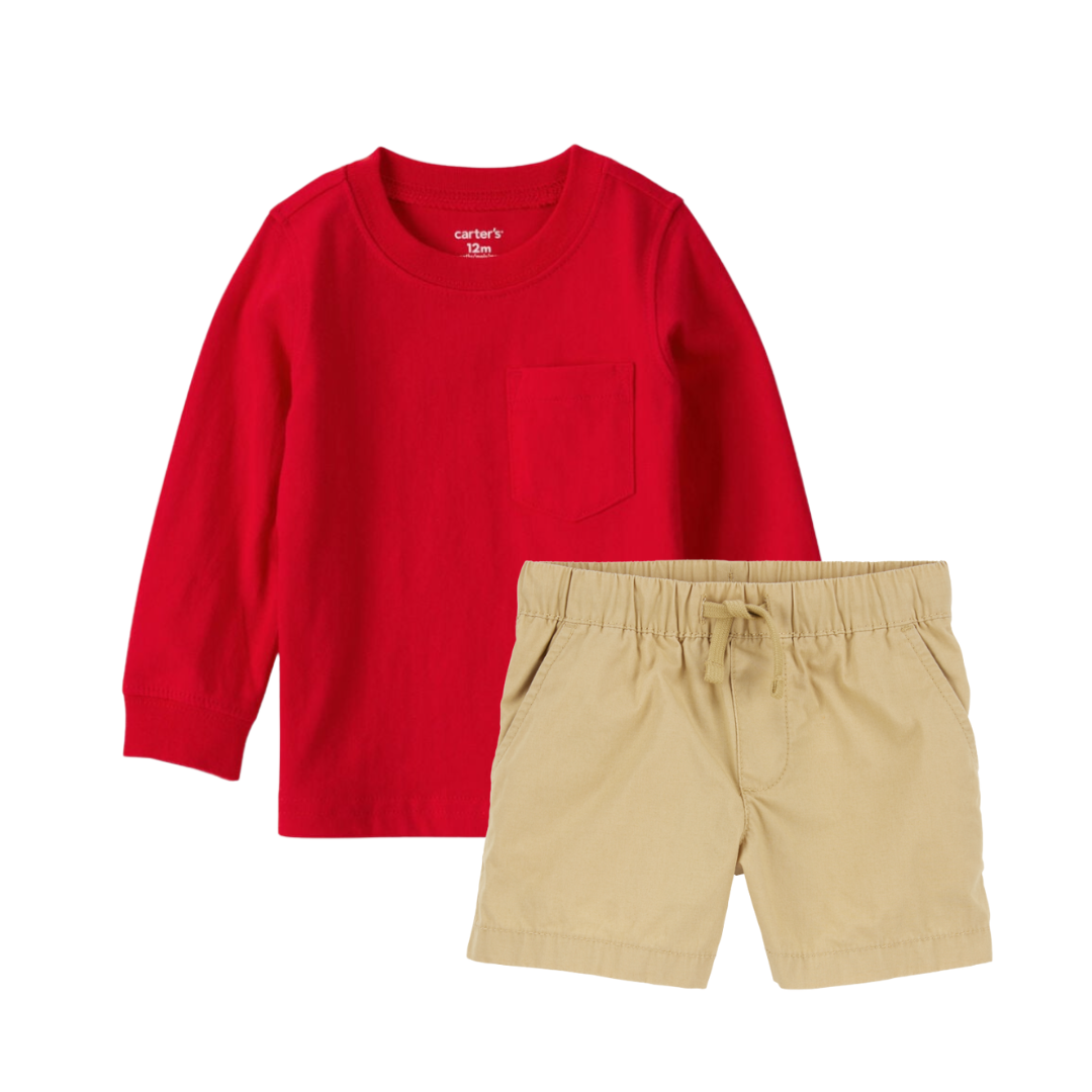 Conjunto de Swater Manga Larga Roja con Short Khaki