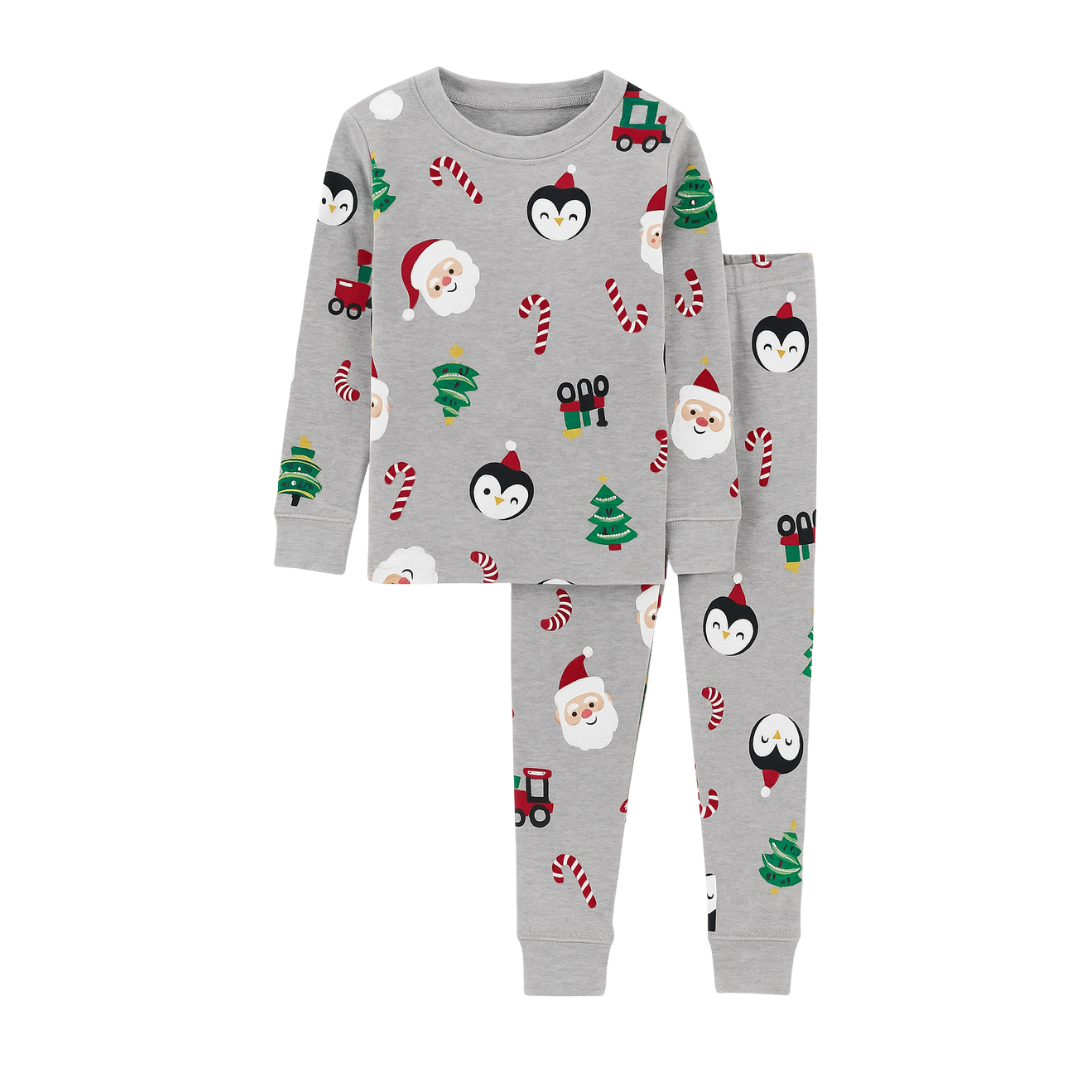 Pijama Gris de Navidad de Dos Piezas (Santa/Bastón/Árbol/Pingüino)