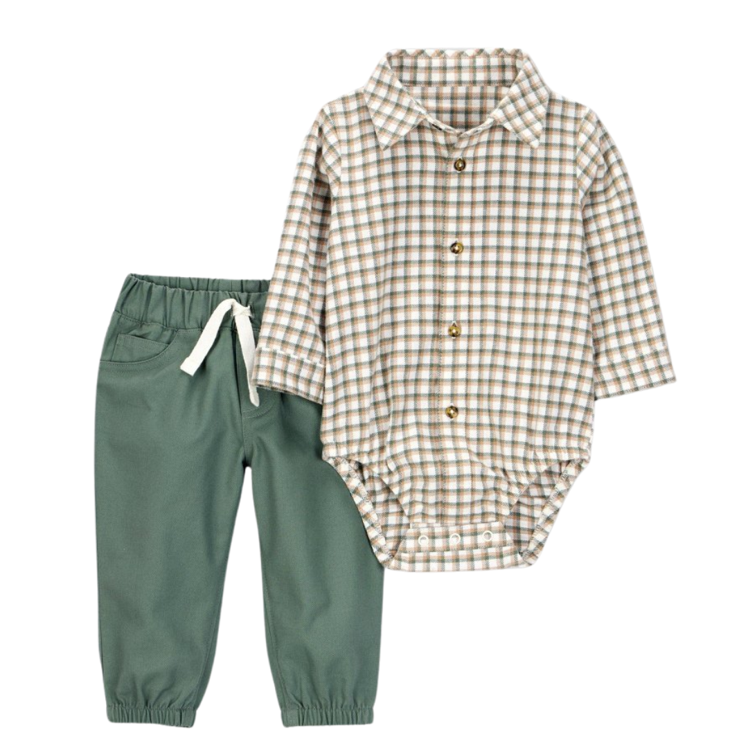 Body Tipo Camisa de Cuadros y Pantalón Verde