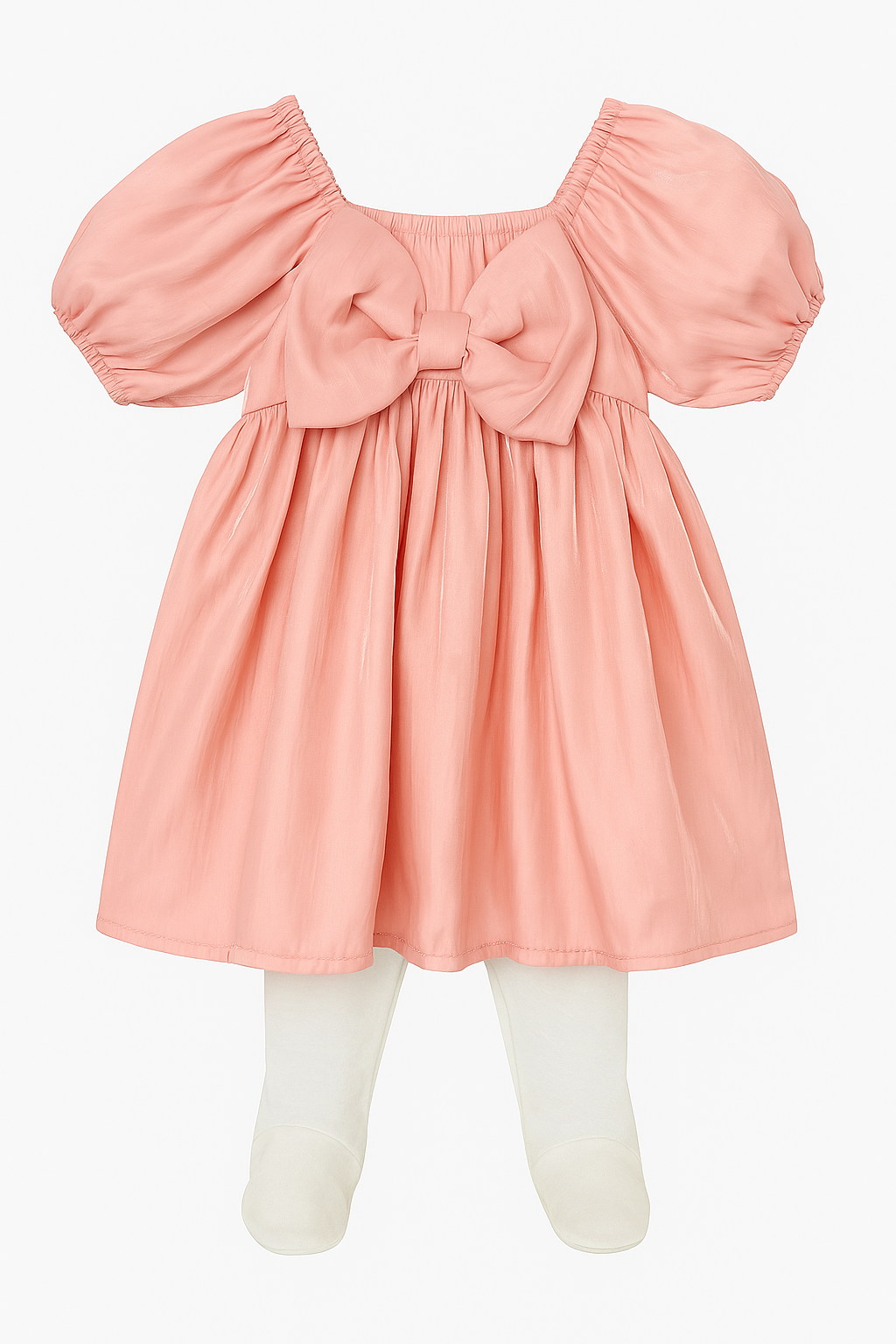 Vestido Rosado de Tela Brillante con Medias Pantys Blancas