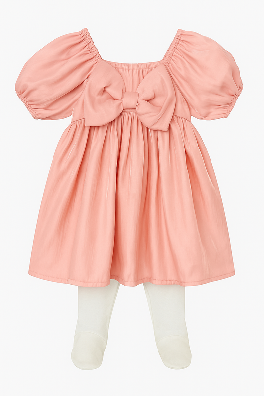 Vestido Rosado de Tela Brillante con Medias Pantys Blancas