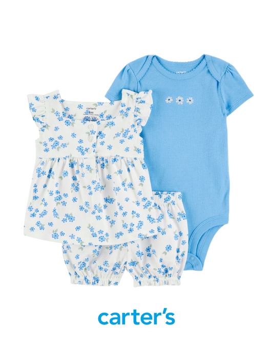 Conjunto de 3 Piezas Azul/Blanco Floral
