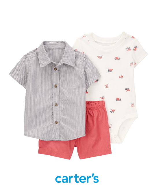Camisa de Vestir de Rayas con Short y Body Blanco de Camiones