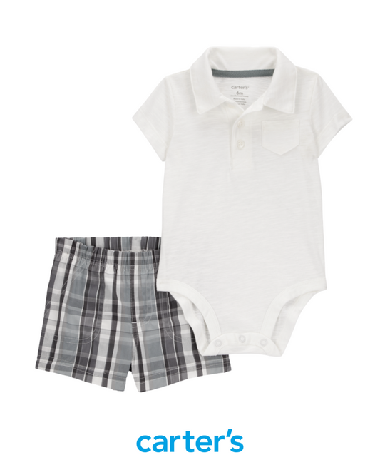 Body Blanco Tipo Polo con Short de Cuadros