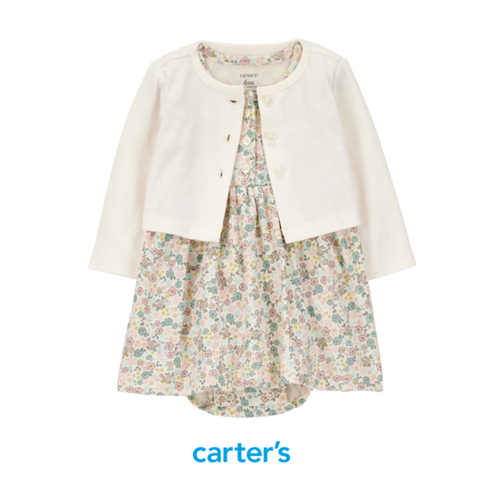 Vestido Floral con Cardigan Blanco