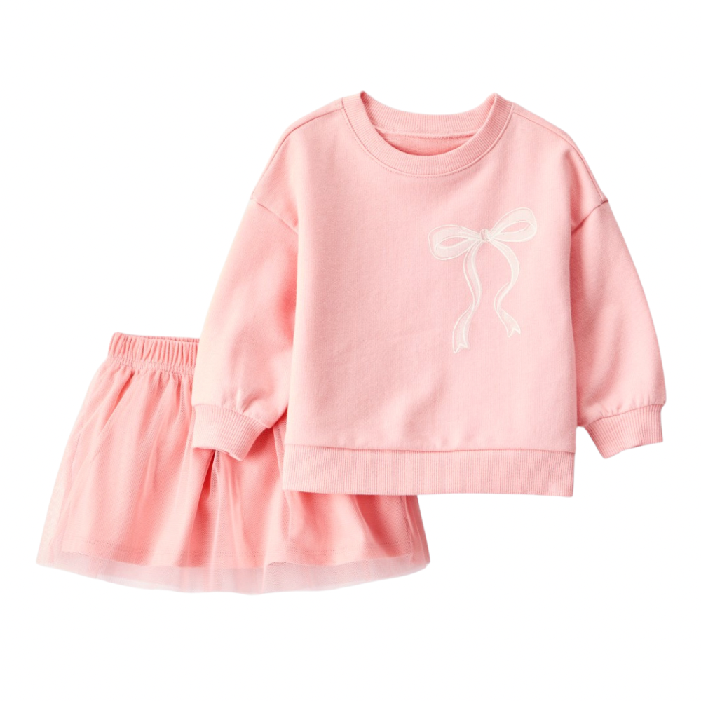Conjunto Rosado de Sweater y Falda de Lazos