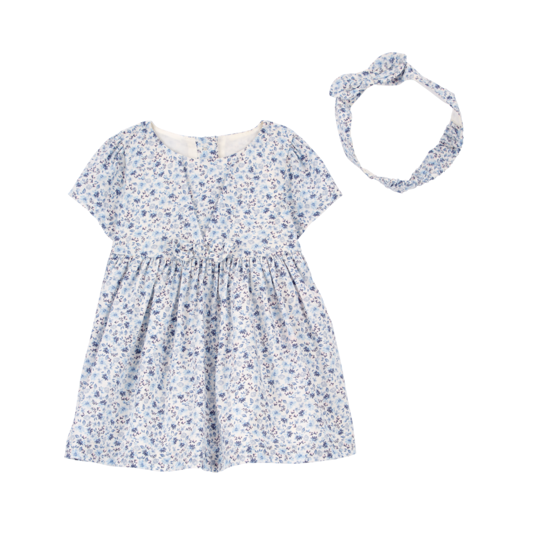 Vestido Azul Floral con Cintillo y Cubre Pañal*