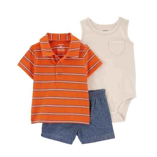 Conjunto de Chemise Naranja, Body Beige y Short