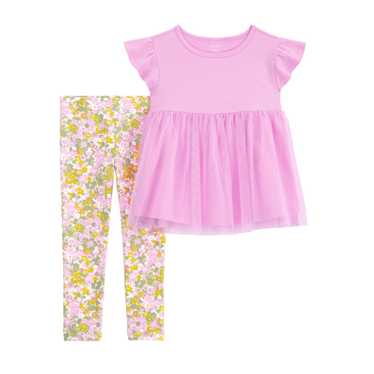 Conjunto Lila con Pantalón Floral y Blusa Tutu