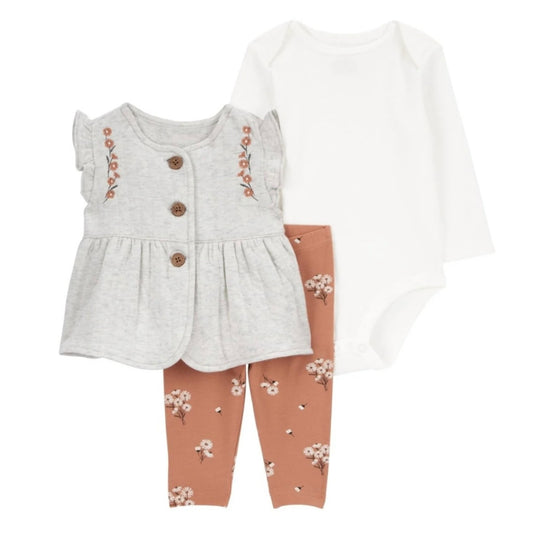 Set de 3 Piezas Chaleco Gris Floral