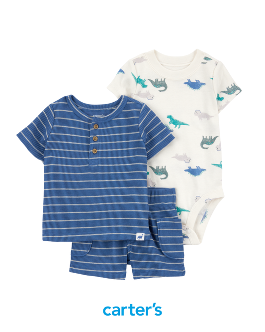 Conjunto 3 Piezas Short y Franela de Rayas con Body Dino