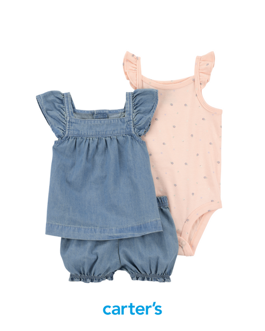 Conjunto 3 Piezas Chambray con Body Rosado