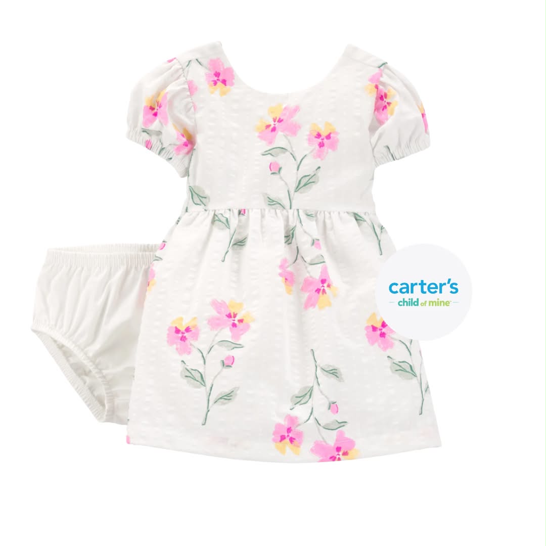 Vestido Blanco/Flores Rosadas con Cubre Pañal